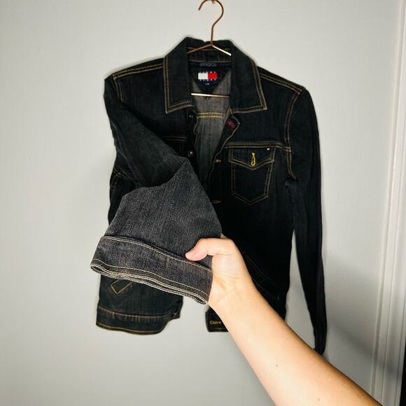 Vintage Tommy Hilfiger Black Button Front Pockets Denim Jacket Size Large - Picture 8 of 9